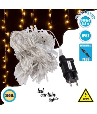 85803 Διακοσμητική Κουρτίνα 3 x 3 Μέτρα με Controller 8 Προγραμμάτων Φωτισμού - Επεκτεινόμενη 300 LED 8W AC 230V με Διάφανο Καλώδιο & Πρίζα Schuko Αδιάβροχη IP67 Θερμό Λευκό 3000K Μ3 x Υ3m